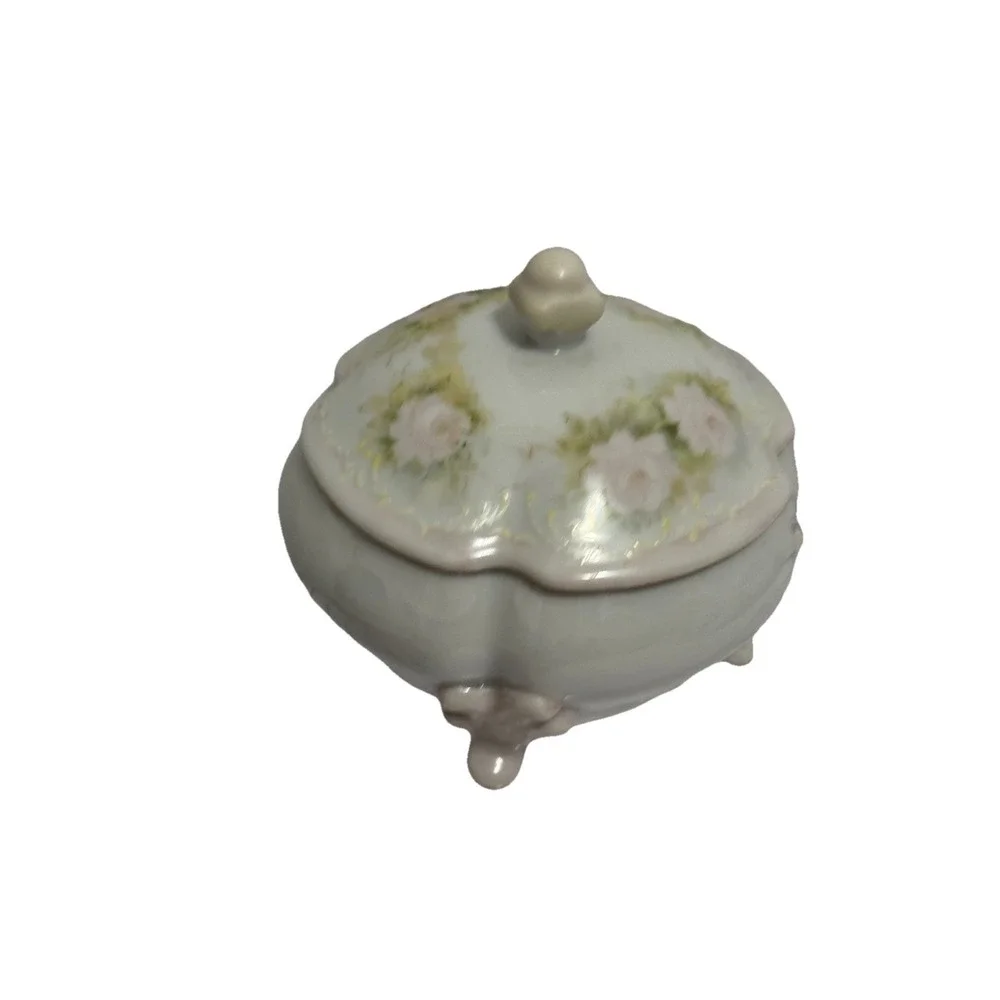 Vintage‎ Ceramic Powder Jar/Trinket Box, Off White with Handpainted Pink Roses